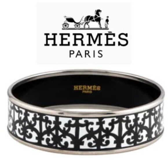 Hermès Black & White Enamel Palladium Plated Balcons du Guadalquivir Wide Bangle - Picture 1 of 5